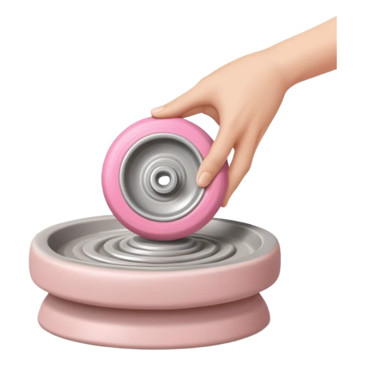 one hand throwing a pink ball of clay onto a flat silver pottery wheel surface sticker