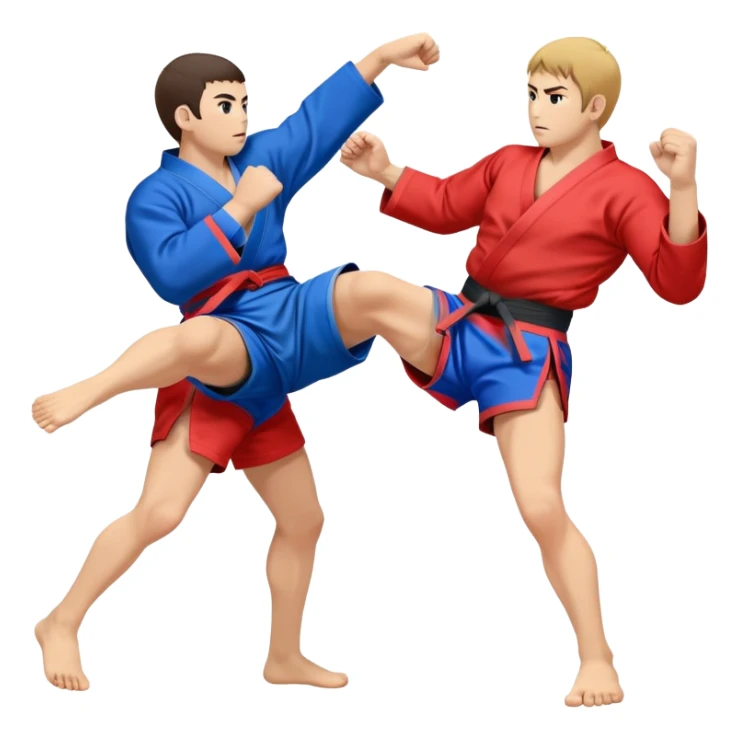An icon symbolizing Sambo, featuring two fighters in blue and red kimonos with shorts and wrestling shoes. One executes a powerful throw, while the other attempts a defensive grab. The fighters are engaged in a grapple, using joint locks and sweeps.  sticker