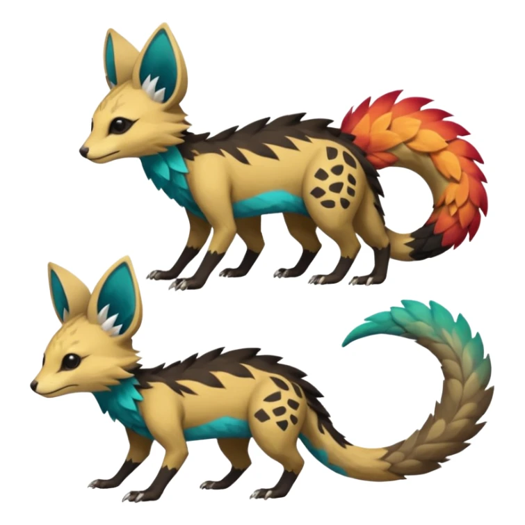 Rare realistic exotic edgy epic pretty beautiful handsome gorgeous aesthetic colorful vibrant Vernid-Trico-species-Fakemon-creature by LiLaiRa, 4 legs, 1 tail, random markings, tufted ears, (full body) sticker