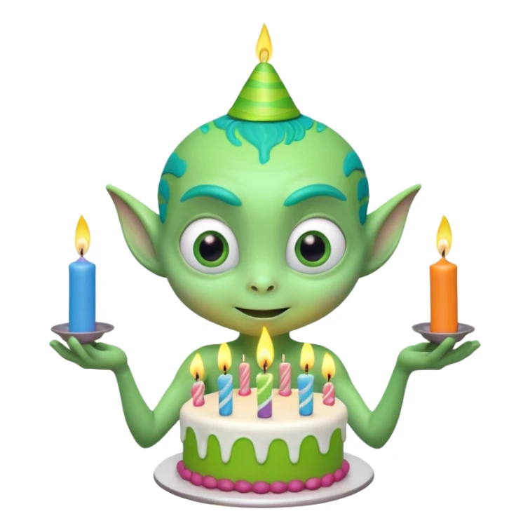 A cute friendly alien holding a birthday cake with candles, big expressive eyes, bright colors, cartoon style, playful atmosphere, 3D animated look, Pixar-inspired, highly detailed
 sticker