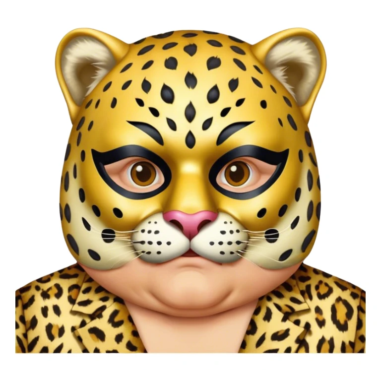 a fat old man, with a leopard suit,  wear half-face golden Leopard masquerade mask sticker