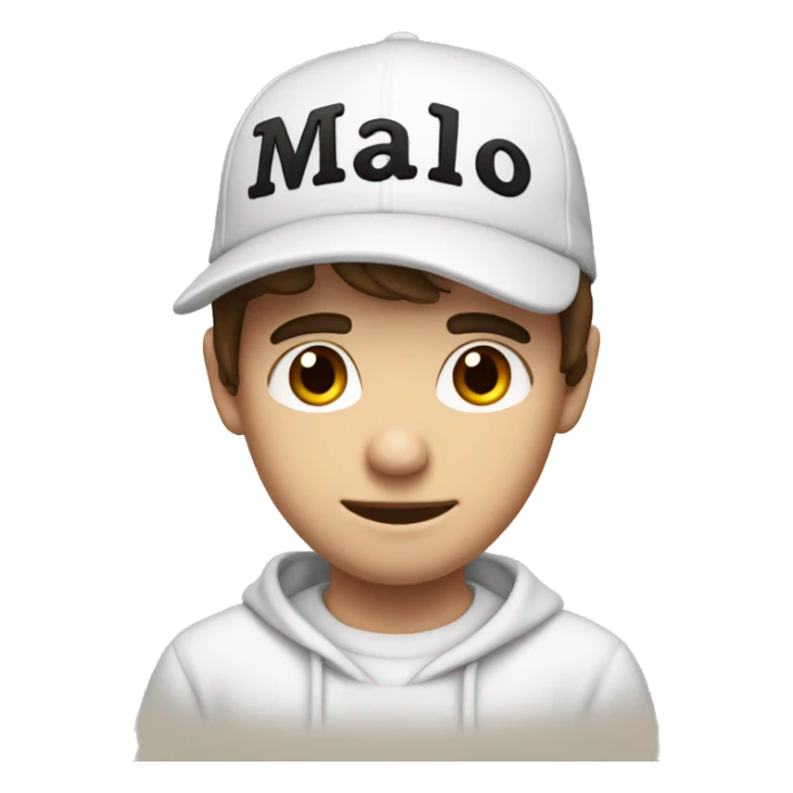 Young guy, brown hair, white sweatshirt, black cap with the inscription malo sticker