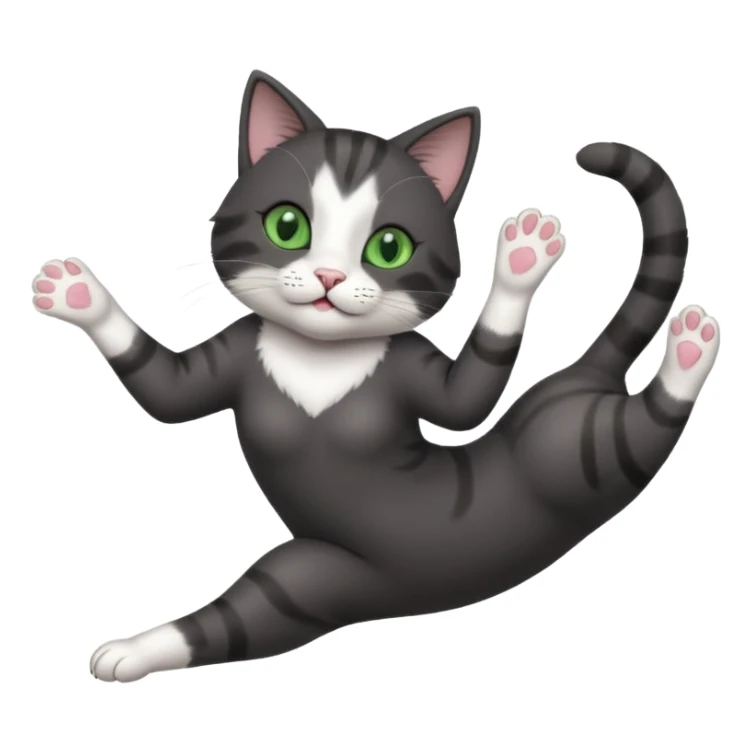 beautiful female solid dark grey cat with green eyes, white toes/paws and white patch on her chest playfully rolling upside down sticker