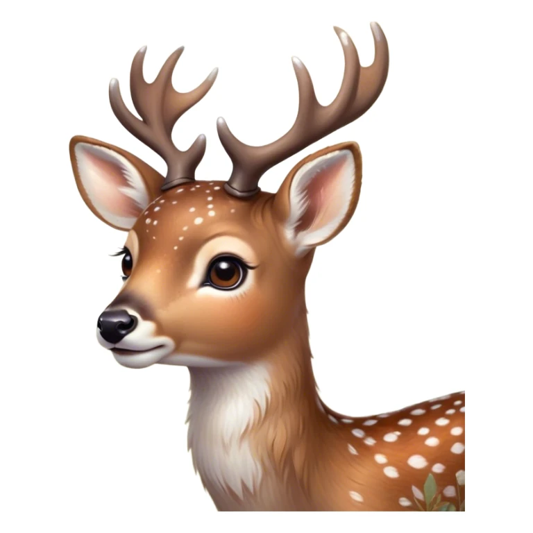 Cinematic Cute Deer Portrait Emoji, Head tilted playfully and inquisitively, showcasing a delicate Fur speckled with subtle white spots and gentle earth tones, round, sparkling eyes filled with curious wonder, Simplified yet irresistibly adorable features, highly detailed, glowing with a warm, friendly glow, high shine, affectionate and graceful, stylized with a touch of woodland whimsy, bright and endearing, soft glowing outline, capturing the essence of a mischievous yet loving fawn, so playful it feels like it could skip out of the screen into your arms! sticker