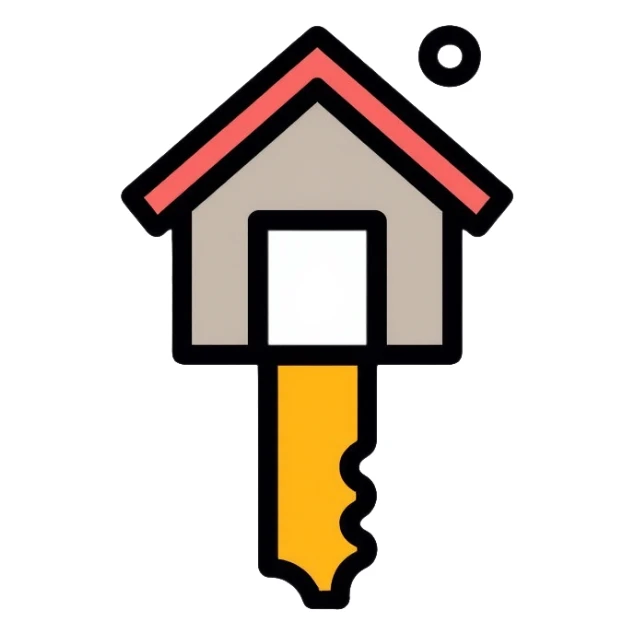 Key with a small house symbol, housing access concept for homelessness support logo sticker