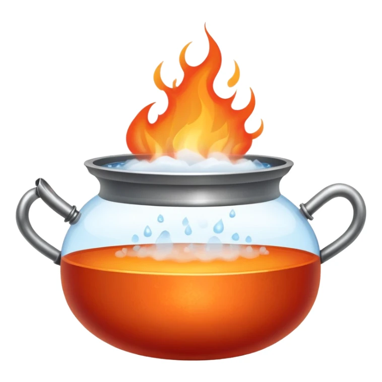 pot with boiling water and steam rising, with fire beneath the pot sticker