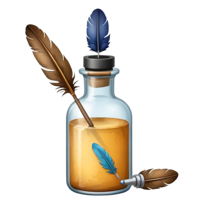 feather quill and ink bottle, soft painterly textures, whimsical and creative sticker