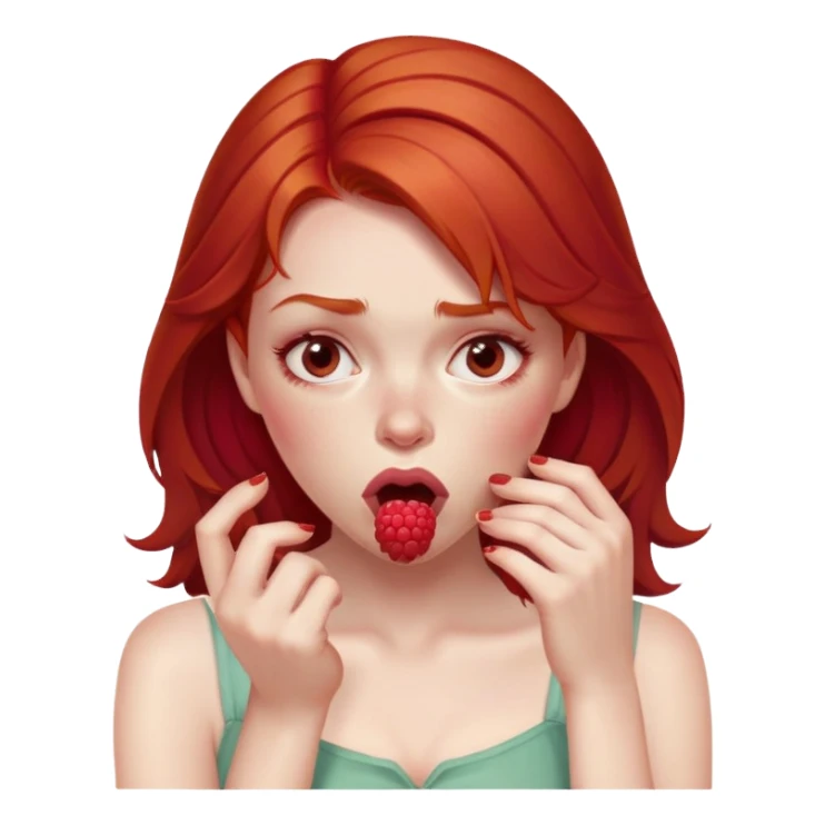 redhead girl with a displeased face eating raspberries sticker