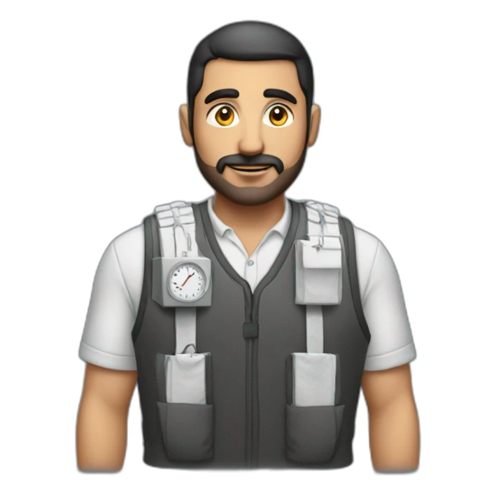 arab man in large bulky vest with electrical wires connecting pockets and a analog clock sticker