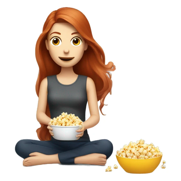 A redhead lady with long hair eating popcorn sitting down watching a robot vacuum  sticker