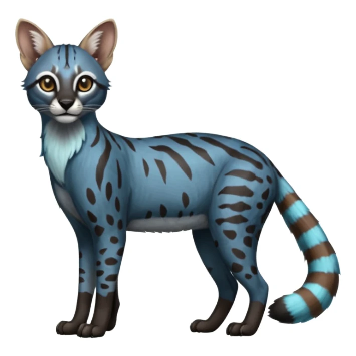 Splash-patterned Realistic edgy bluish greyish blackish whitish silvery coppery Shiny Colorful Dusky Dark Gloomy Glossy Genet-Caracal-Lion-Bobcat-fusion-animal-hybrid-creature, full body, tufted ears, long thin tufted tail sticker