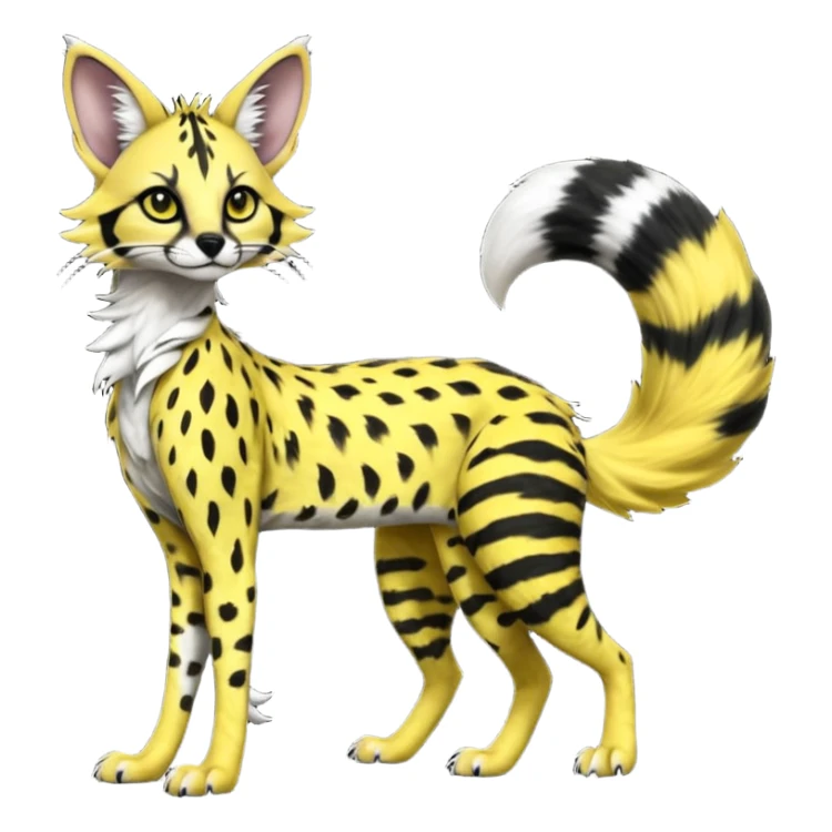 Edgy cool beautiful elegant spotted hype-realistic, black-maned, vibrant yellow Genet-Serval-Sergal-Margay-Fox-fusion-hybrid-furry-fursona, tall long body, long muzzle snout, full body, with a long puffy fluffy black-and-white-striped tail, black long big ears, with natural blue eyes sticker