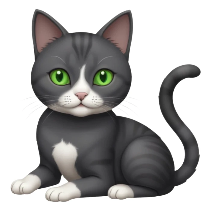 beautiful female solid dark grey cat with green eyes, white toes/paws and white patch on her chest playing sticker