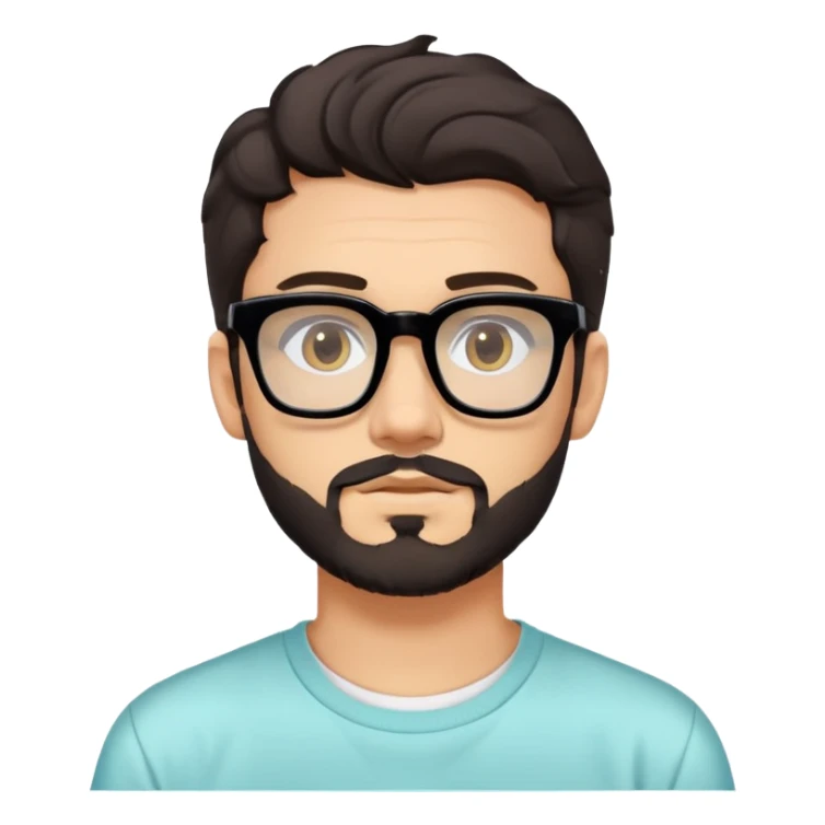young adult man with light skin, short beard, dark wavy hair, relaxed expression, very wide rectangular glasses with thick black acetate frame and thick double bridge, retro oversized style, colorful open shirt and white t-shirt sticker