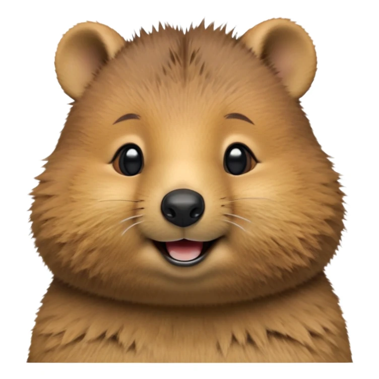 cinematic-realistic quokka-emoji,-small-round-frame, head tilted in an endearing manner, comical smile, round cheeks, giant-fluffy-cheeks-large-smile-fluffy-brown-fur-radiating-a-warm-softness,-big-round-eyes-filled-with-joy, realisticround  fluffy zoomed in, large black eyes sticker