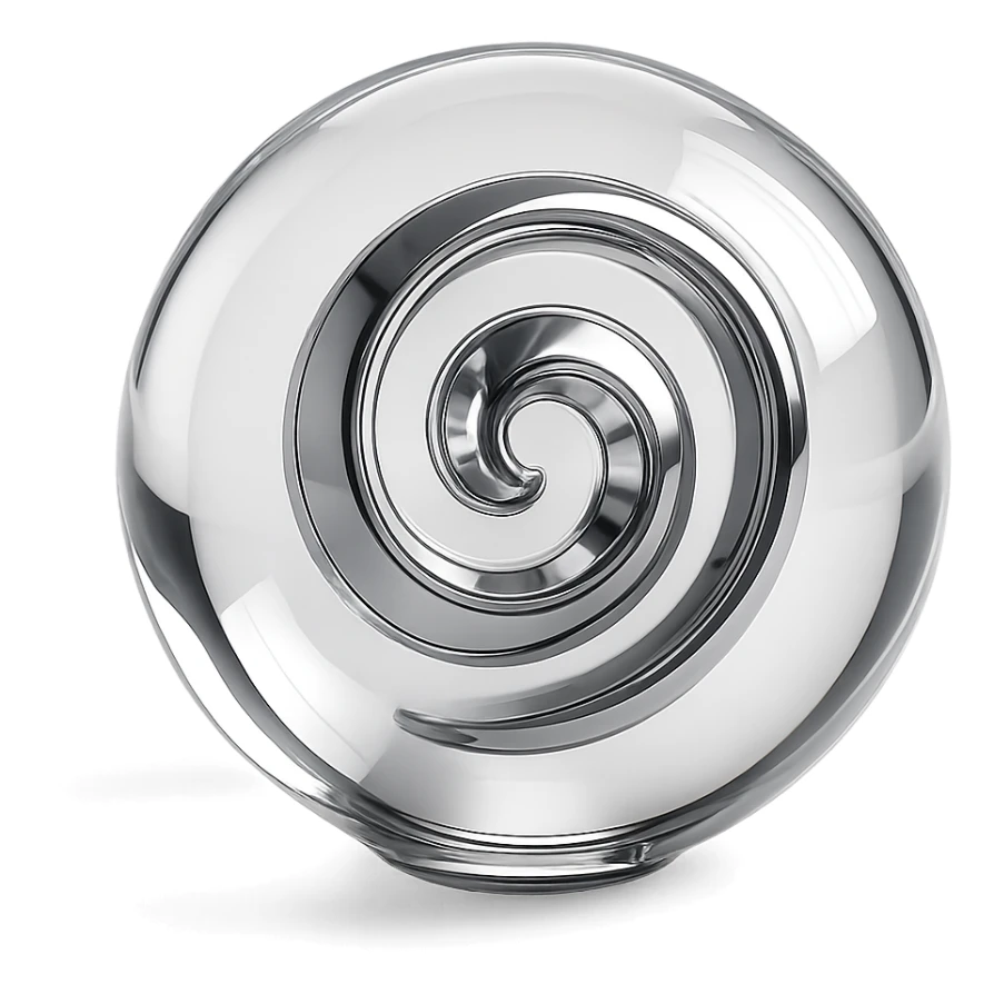clear sphere with a reflective chrome spiral at its center, emitting a faint glow, chrome style sticker