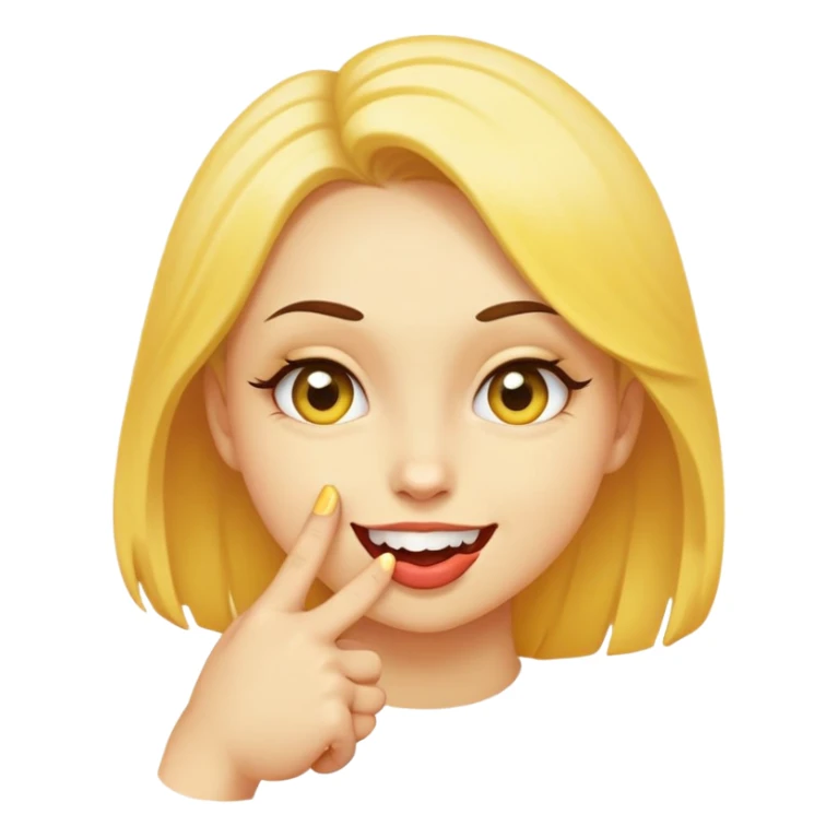 A yellow, round face with a flirty expression: eyes slightly squinting, a cheeky smile, and biting its index finger in a playful, seductive way. sticker