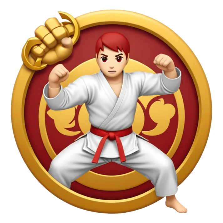 An emblem-style emoji symbolizing striking martial arts. The design features a stylized fighter in a dynamic stance, delivering a powerful punch, surrounded by a circular border with traditional elements like fists and combat symbols. Bold, clean lines with contrasting colors. sticker