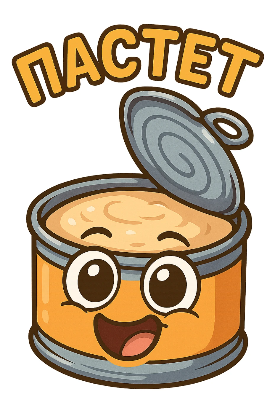 Funny chibi open pâté tin can, lid flipped open, creamy pâté visible, goofy smiling face, exaggerated big eyes, playful cartoon emoji style, thick outline, bright colors, Twitch chat emote, text "ПАСТЕТ" in Cyrillic abovee sticker