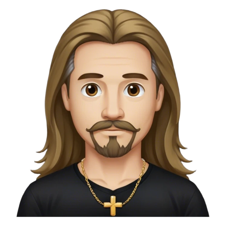 Long hair guy, goatee and mustache with a cross neckless and a black tshirt sticker