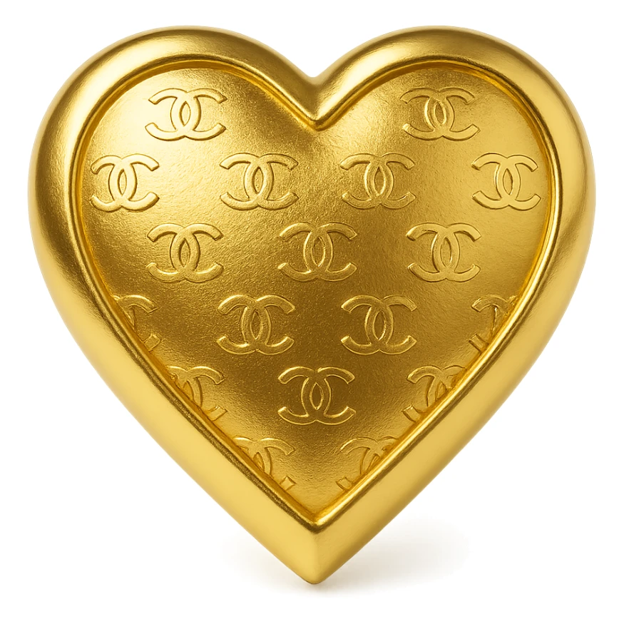 Chanel heart, elegant gold icon style, with subtle Chanel logo pattern sticker