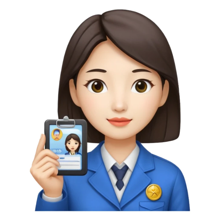 A Korean female tour guide holds her license. sticker