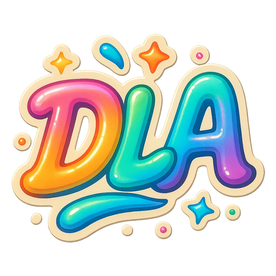 dynamic 'DLA' logo in retro sticker style, wavy colorful letters, subtle holographic effect, surrounded by small stars and confetti sticker