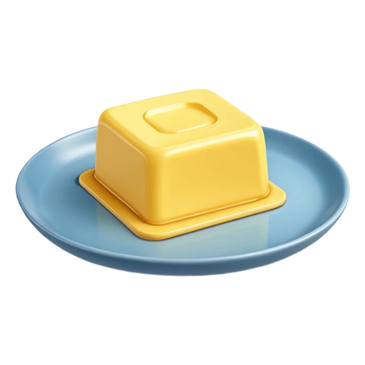 A 3D cartoon yellow butter block on a dish with soft light, Memoji-style realism. sticker