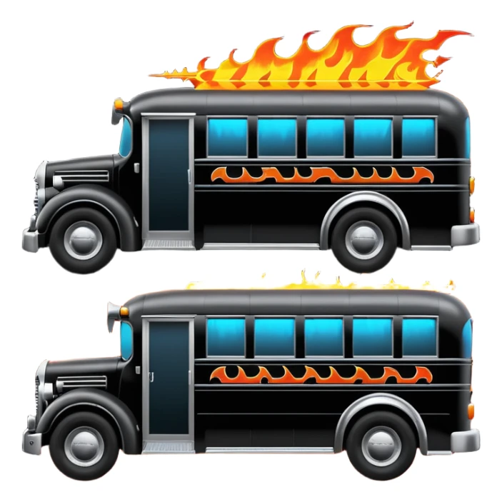 Mad max survival apocalypse Darth Vader’s Batman-armored 1936 black graphite colored school bus with horizontal holographic flames painted on the side and neon under glow  sticker