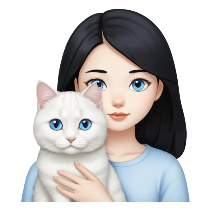 black hair Asia girl with White British longhair cat blue eyes  sticker