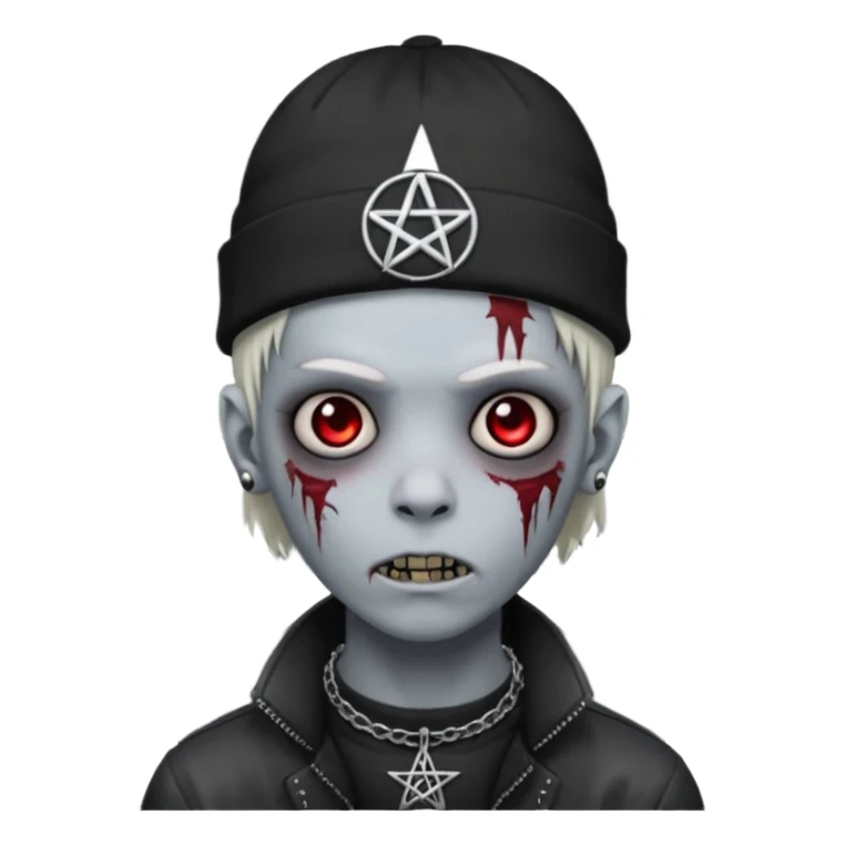 zombie boy emoji, apple style, pentagram on forehead, wearing choker and beanie, emo, no text sticker