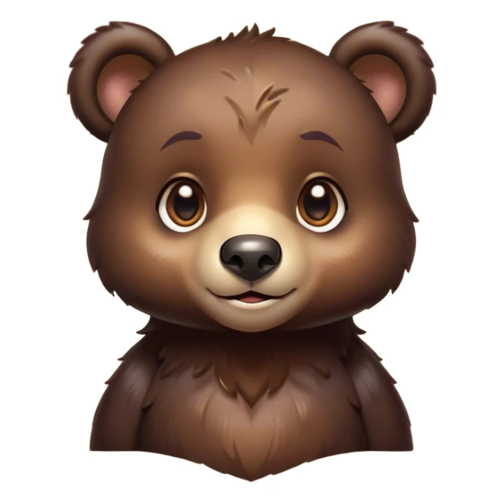 Cinematic Cute bear cub Portrait Emoji, Head tilted playfully and inquisitively, featuring a glossy dark brown fur with a natural sheen and round, sparkling eyes filled with gentle curiosity, Simplified yet irresistibly adorable features, highly detailed, glowing with a warm, friendly glow, high shine, affectionate and mighty, stylized with a touch of woodland whimsy, bright and endearing, soft glowing outline, capturing the essence of a mischievous yet loving bear cub, so playful it feels like it could amble out of the screen and into your arms! sticker