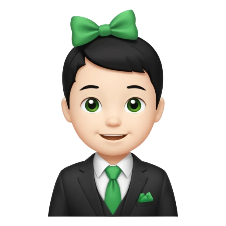baby boy black hair white skin in suit, with green bow sticker