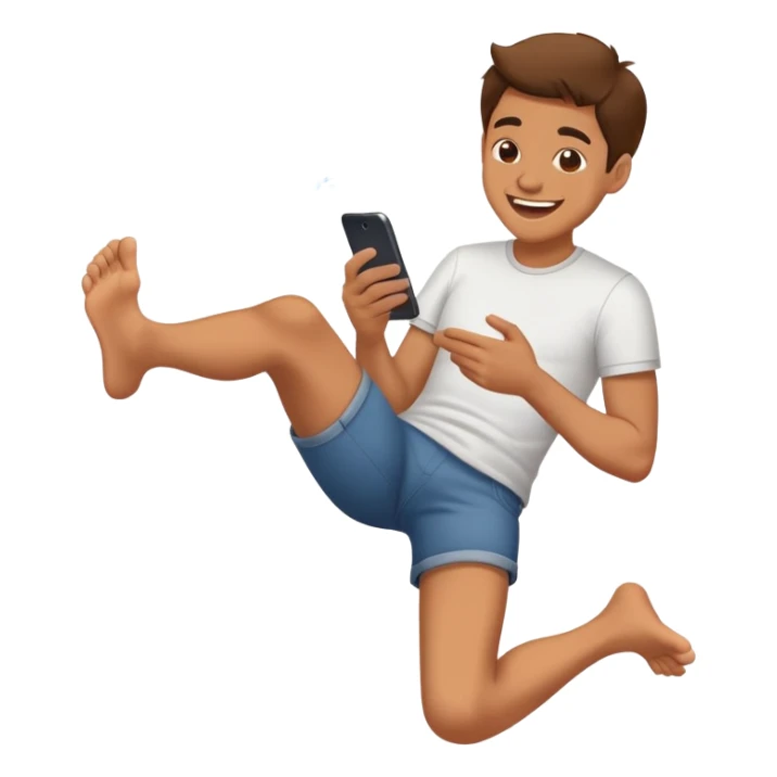 Looking at phone giggling with feet behind kicking sticker