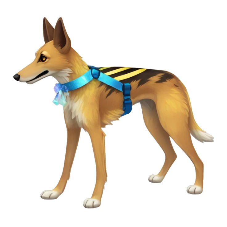 brindle brown black maroon striped lurcher Alsatian fox running blue eyes and iridescent holographic oilslick harness wearing paper iridescent tropical flower crown yellow caution tape sticker