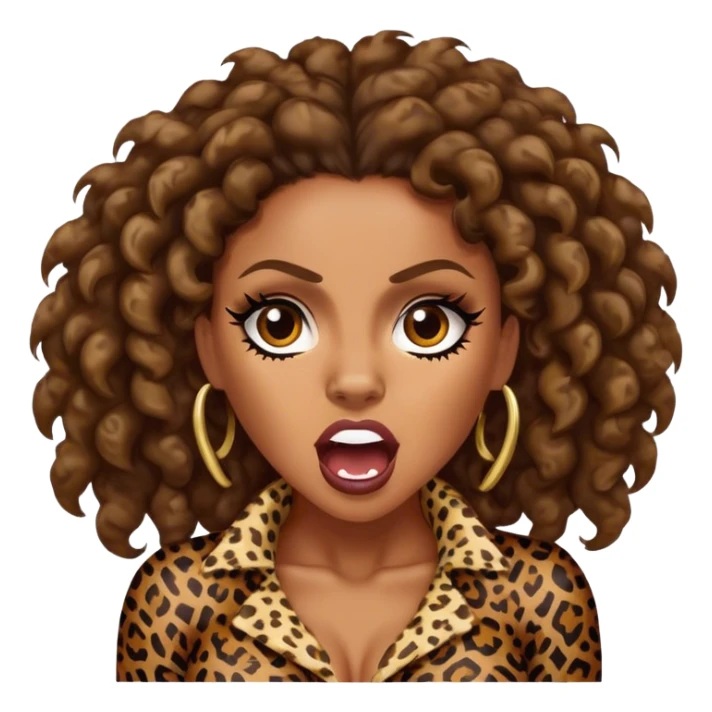 Melanie Brown with brown curls wearing leopard print and growling sticker