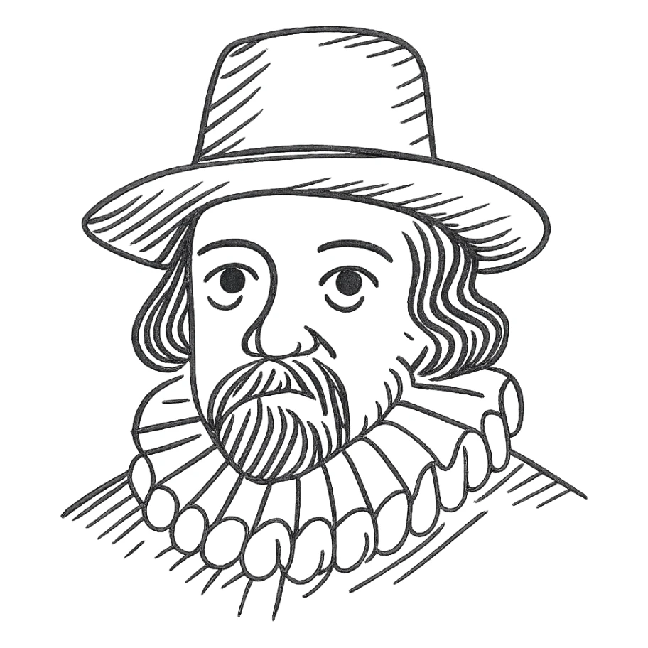 a hand drawn black outline portrait of philosopher Francis Bacon with similar-sized eyes based a famous portrait of him sticker