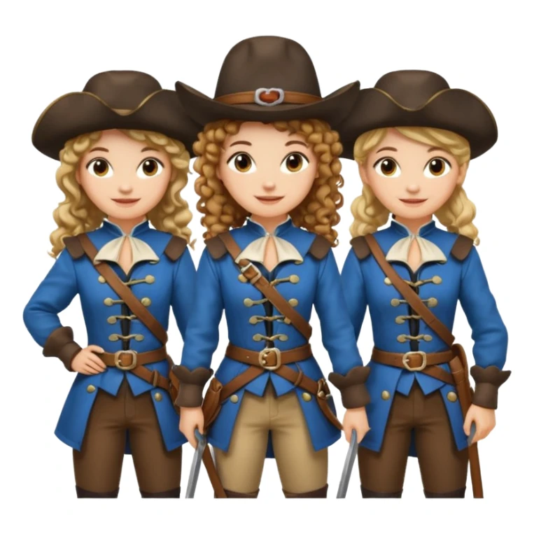 Three female musketeers ome with brown curly hair, one with blond one with blond in pony tail sticker