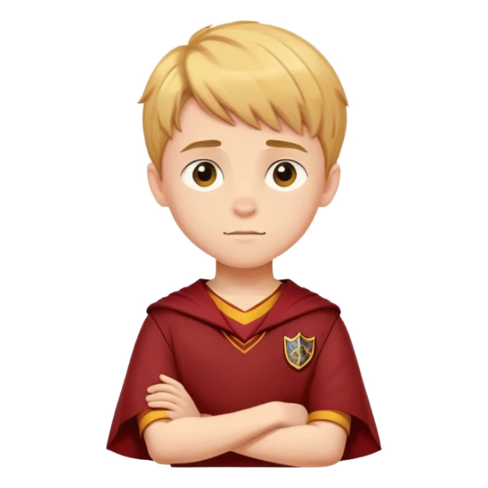 A young boy slightly to the side looking forward with crossed arms wearing the Gryffindor uniform sticker