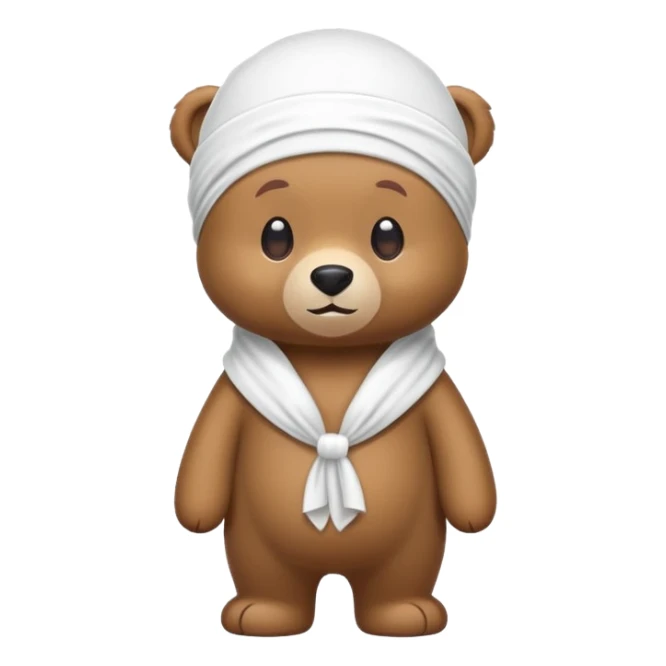 Full-body standing brown bear wearing a white durag on its head, cute emoji style sticker