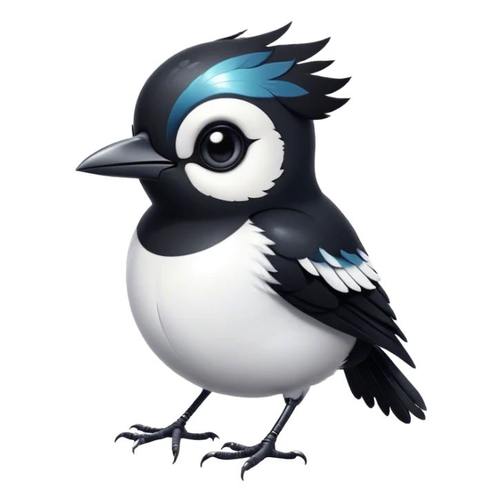 Cinematic Cute Magpie Portrait Emoji, Head tilted playfully and inquisitively, featuring a compact, elegant form with glossy, contrasting black and white feathers and round, sparkling eyes full of playful charm, Simplified yet irresistibly adorable features, highly detailed, glowing with a warm, inviting glow, high shine, affectionate and lively, stylized with a touch of whimsical urban flair, soft glowing outline, capturing the essence of a mischievous yet endearing magpie that seems as if it could flit out of the screen into your arms! sticker
