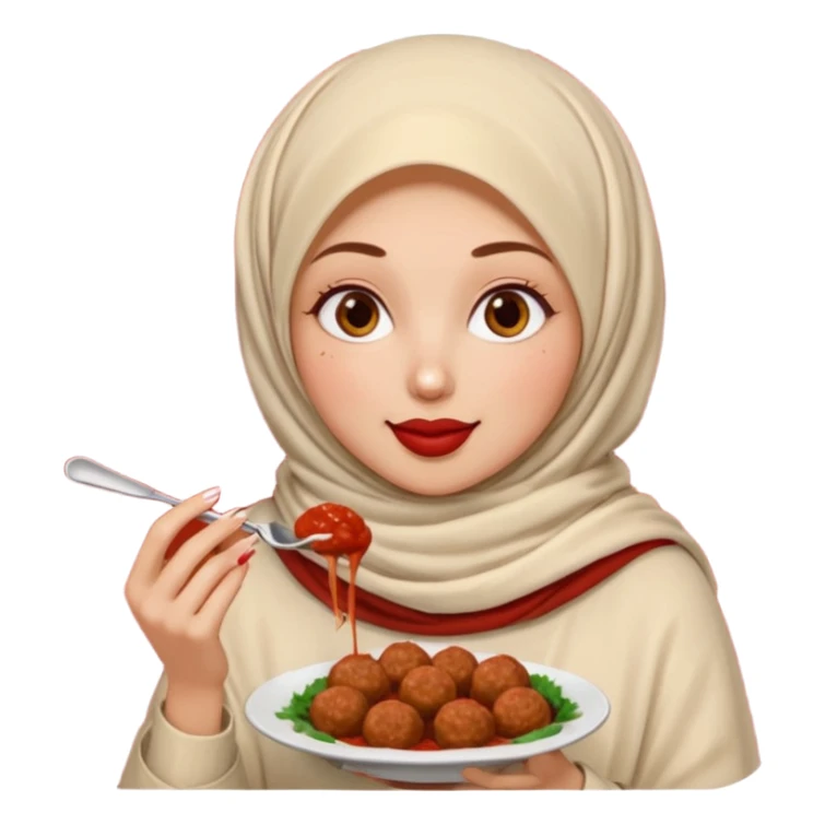 woman wearing a cream colored pashmina hijab eating meatballs sticker
