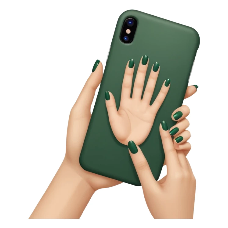 female hand with nude manicure (5 fingers) holding iPhone in dark green case, front view, minimalism, emoji style sticker