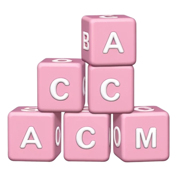 three Light pink and white toy alphabet blocks stacked with different letters sticker