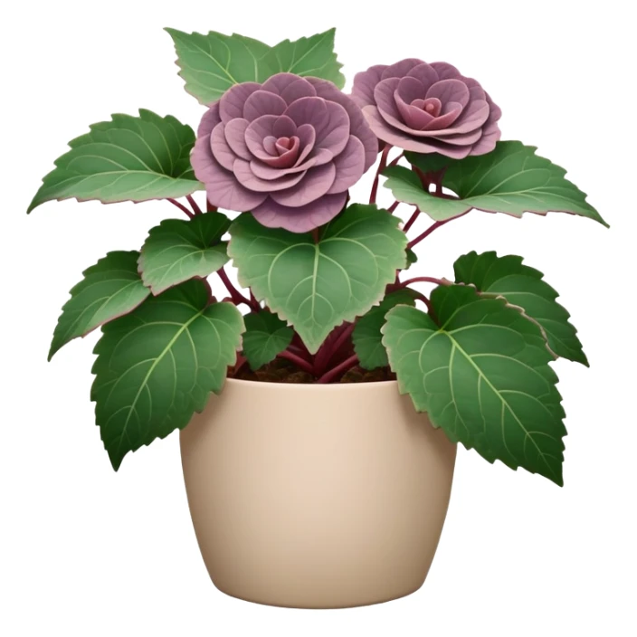 Begonia Rex with greenish-purple spiral leaves in a beige pot sticker
