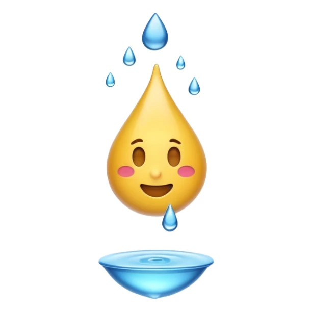 3D iPhone style emoji of a liquid drop falling, glossy and translucent, mid-air motion, isolated on white background, soft shadows, high detail, playful and cute. sticker