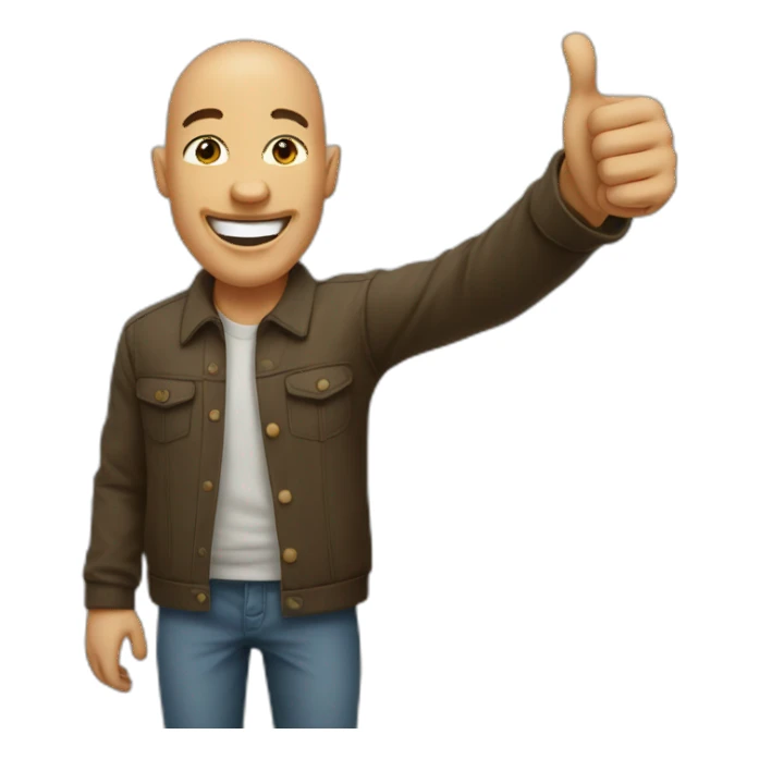 a man 1.60 meters tall, with a shaved head, making a huge smile and giving the thumbs up gesture sticker