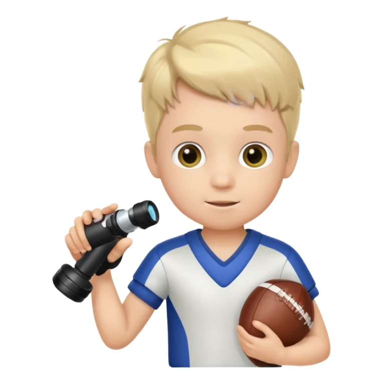 A child stands in a football costume, holding a microscope in his hands sticker