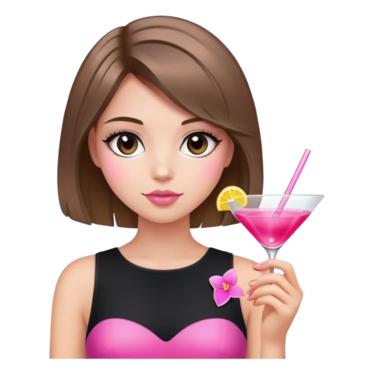 light brunette hair down bob girl black top holding a pink c osmo sticker