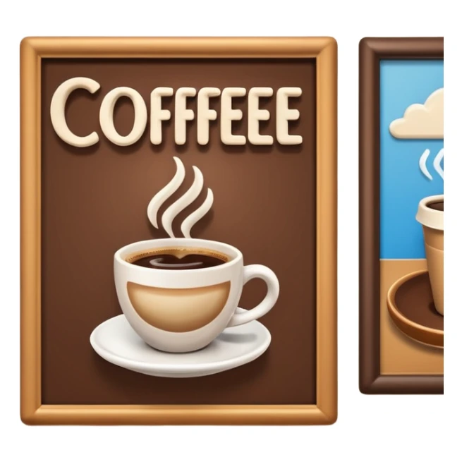 A 3D cartoon coffee shop advertisement poster hanging on a wall, showing a cup of coffee, visible border, flat lighting, Memoji-style. sticker
